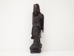 古物　木製銀象嵌寿老人置物